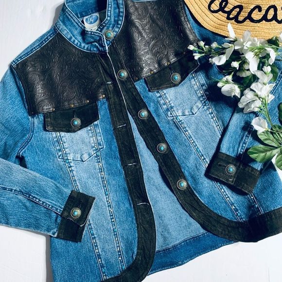 Vintage western Diane Gilman suede rodeo cowgirl button up denim jacket - Picture 5 of 8